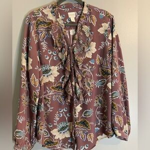 CHICO’S Jacobean Bouquet Pleated Ruffle long Sleeves Top SZ/2